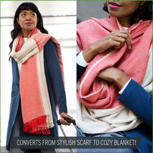 Travel blanket scarf, Betabrand, red and cream-colored